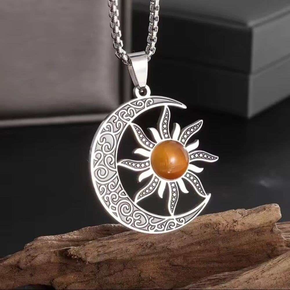 Sun & Moon Box Chain Necklace Orange Moonstone Celtic BOHO Vintage Gift - NEW!